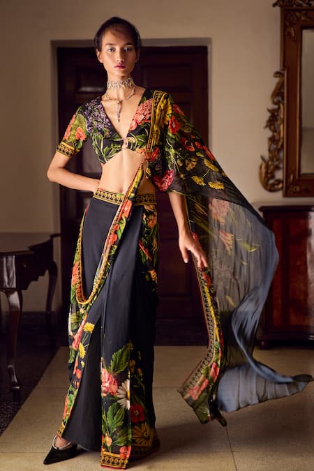 Limerick by Abirr N' Nanki Charlotte Floral Print Pre-Draped Saree Set 