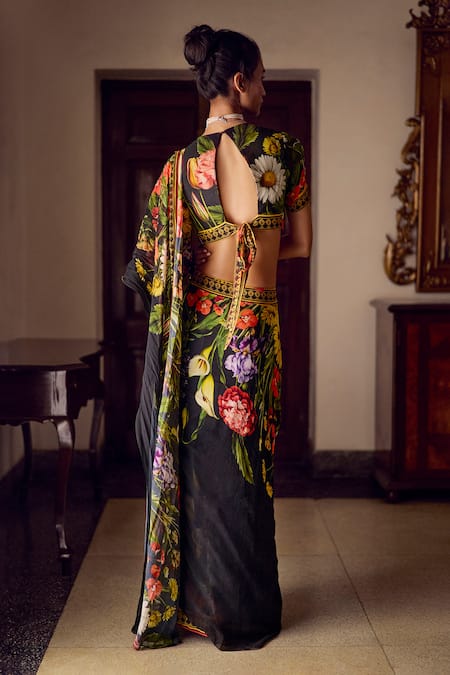 Shop Limerick By Abirr N' Nanki Black Georgette Beads, Embroidery Charlotte Floral Print Pre-draped Saree Set at Aza Fashions Shop_Limerick By Abirr N' Nanki_Black Georgette Beads, Embroidery Charlotte Floral Print Pre-draped Saree Set _at_Aza_Fashions