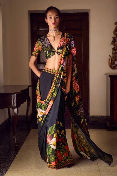 Buy Limerick By Abirr N' Nanki Black Georgette Beads, Embroidery Charlotte Floral Print Pre-draped Saree Set Online at Aza Fashions Buy_Limerick By Abirr N' Nanki_Black Georgette Beads, Embroidery Charlotte Floral Print Pre-draped Saree Set _Online_at_Aza_Fashions