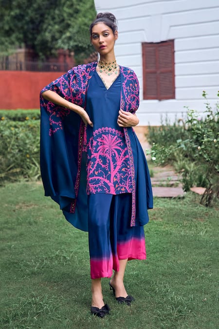 Limerick by Abirr N' Nanki Blue Crepe Printed Ethnic Motifs Notched Lapel Evita Cape And Kurta Set 