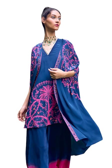 Shop Limerick By Abirr N' Nanki Blue Crepe Embroidery Collared Evita Ethnic Motif Print Cape And Kurta Set Online at Aza Fashions Shop_Limerick By Abirr N' Nanki_Blue Crepe Embroidery Collared Evita Ethnic Motif Print Cape And Kurta Set _Online_at_Aza_Fashions