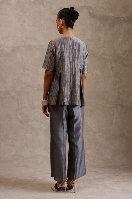 Shop_Chokhi Chorri_Grey Kurta Tissue Embroidered Pearl Round Yamir Short With Pant _at_Aza_Fashions