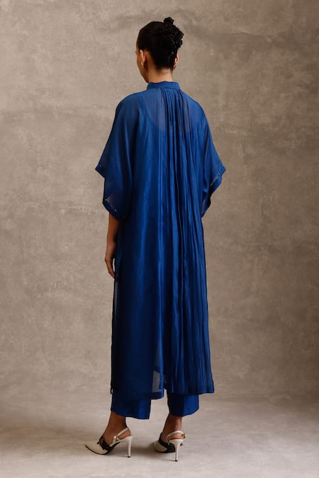 Shop_Chokhi Chorri_Blue Chanderi Silk Embroidered Sequins Collared Arush Shirt Kurta Pant Set _at_Aza_Fashions