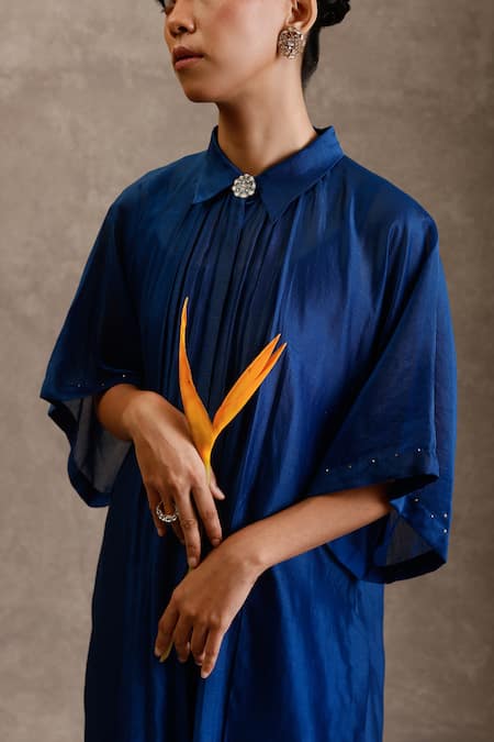 Chokhi Chorri_Blue Chanderi Silk Embroidered Sequins Collared Arush Shirt Kurta Pant Set _Online_at_Aza_Fashions