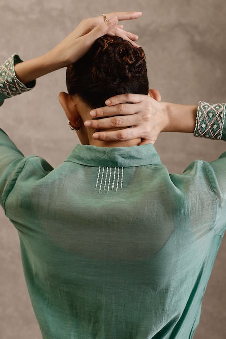 Shop_Chokhi Chorri_Green Malai Chanderi Silk Embroidered Collared Mura Shirt _at_Aza_Fashions