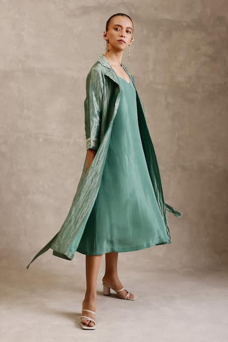 Chokhi Chorri Green Dress Handwoven Silk Embroidered Pearl Dress Aira A-line With Jacket 