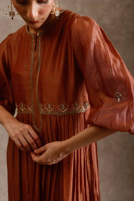Shop_Chokhi Chorri_Brown Chanderi , Embroidery Round Neck Indah Kurta With Pant _Online_at_Aza_Fashions