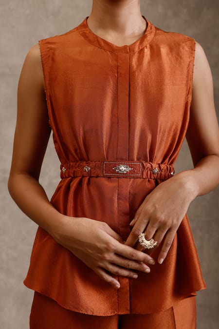 Chokhi Chorri_Orange Silk Beads, Sequins, Cut Work Round Neck Chaya Embroidered Top Pant Set _Online_at_Aza_Fashions