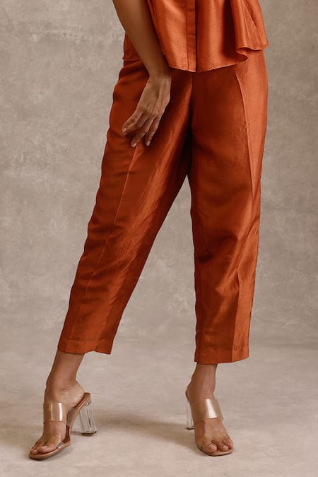 Buy_Chokhi Chorri_Orange Silk Beads, Sequins, Cut Work Round Neck Chaya Embroidered Top Pant Set _Online_at_Aza_Fashions
