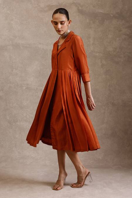 Shop_Chokhi Chorri_Orange Silk Collared Chaya Pleated Dress _at_Aza_Fashions