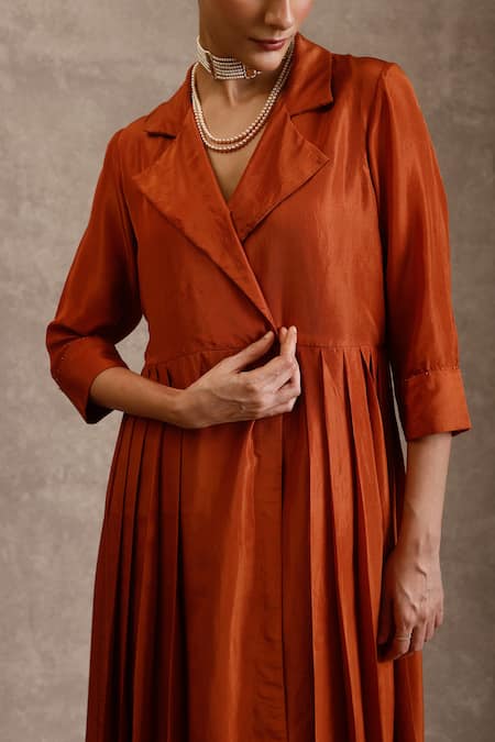 Chokhi Chorri_Orange Silk Collared Chaya Pleated Dress _Online_at_Aza_Fashions