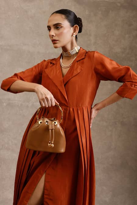 Buy_Chokhi Chorri_Orange Silk Collared Chaya Pleated Dress _Online_at_Aza_Fashions