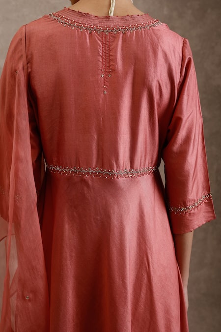 Chokhi Chorri Pink Silk Pearls, Beads, Embroidery V-neck Uttara A-line Kurta Pant Set Online at Aza Fashions Chokhi Chorri_Pink Silk Pearls, Beads, Embroidery V-neck Uttara A-line Kurta Pant Set _Online_at_Aza_Fashions