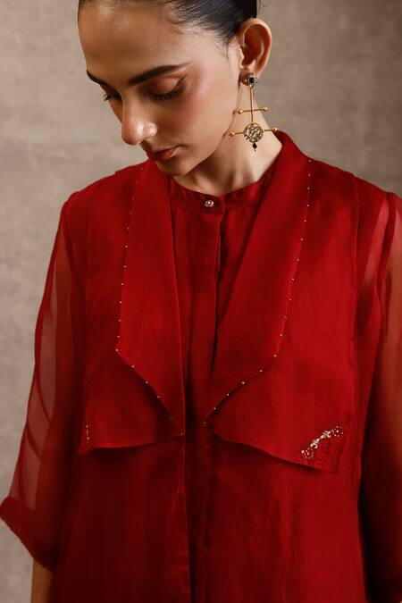 Chokhi Chorri_Maroon Silk, Organza Pearls, Zari, Embroidery Round Neck, Dress And Jacket Set _Online_at_Aza_Fashions