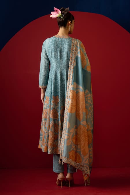 Shop Saundh Blue Cotton, Viscose Embroidery V-neck Aiko Printed Angarkha Anarkali Pant Set at Aza Fashions Shop_Saundh_Blue Cotton, Viscose Embroidery V-neck Aiko Printed Angarkha Anarkali Pant Set _at_Aza_Fashions