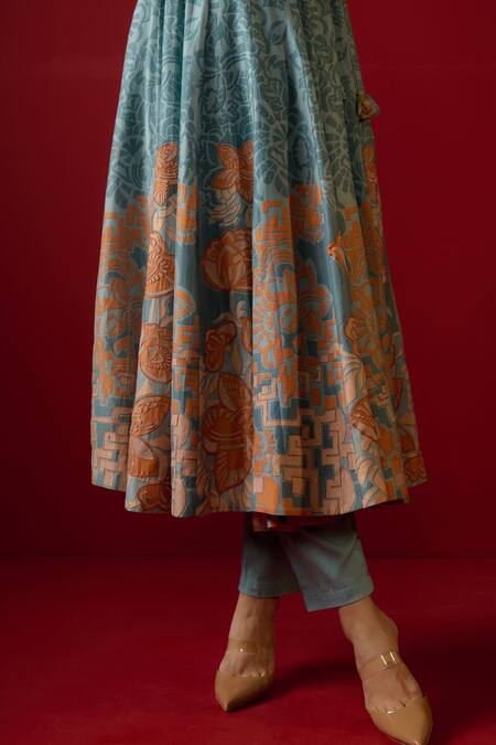 Saundh Blue Cotton, Viscose Embroidery V-neck Aiko Printed Angarkha Anarkali Pant Set Online at Aza Fashions Saundh_Blue Cotton, Viscose Embroidery V-neck Aiko Printed Angarkha Anarkali Pant Set _Online_at_Aza_Fashions