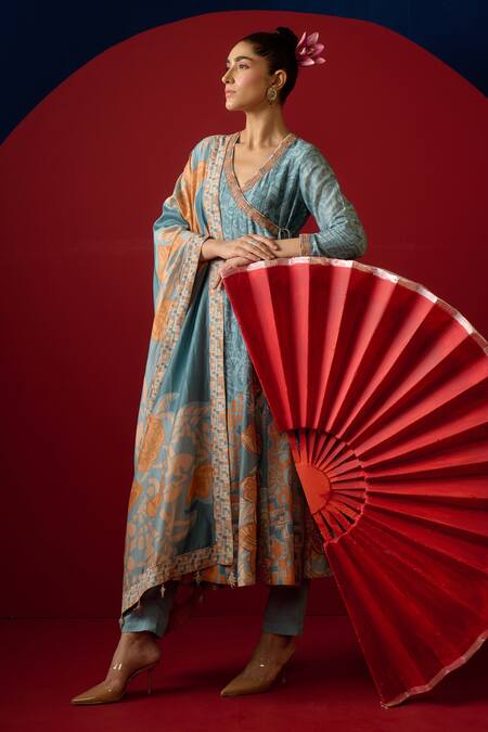 Buy Saundh Blue Cotton, Viscose Embroidery V-neck Aiko Printed Angarkha Anarkali Pant Set Online at Aza Fashions Buy_Saundh_Blue Cotton, Viscose Embroidery V-neck Aiko Printed Angarkha Anarkali Pant Set _Online_at_Aza_Fashions