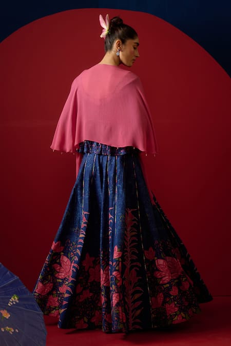 Shop Saundh Blue 100% Viscose Printed Floral Round Nomi Flared Lehenga Set at Aza Fashions Shop_Saundh_Blue 100% Viscose Printed Floral Round Nomi Flared Lehenga Set _at_Aza_Fashions