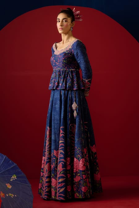 Saundh Blue 100% Viscose Printed Floral Round Nomi Flared Lehenga Set Online at Aza Fashions Saundh_Blue 100% Viscose Printed Floral Round Nomi Flared Lehenga Set _Online_at_Aza_Fashions