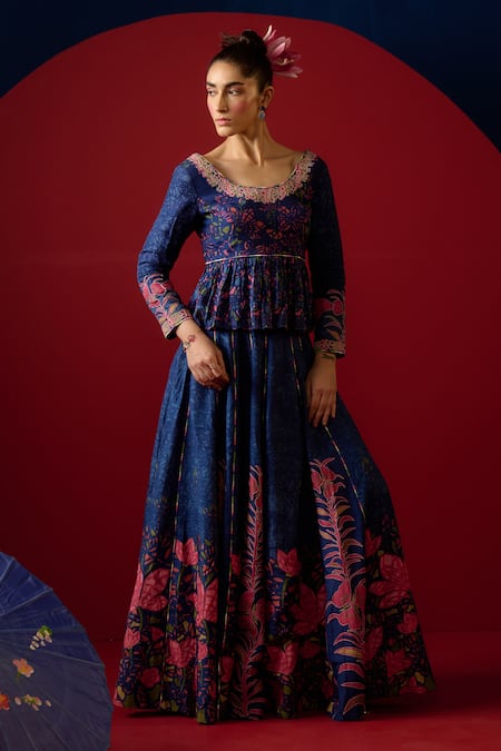 Shop Saundh Blue 100% Viscose Printed Floral Round Nomi Flared Lehenga Set Online at Aza Fashions Shop_Saundh_Blue 100% Viscose Printed Floral Round Nomi Flared Lehenga Set _Online_at_Aza_Fashions