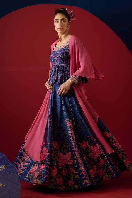 Buy Saundh Blue 100% Viscose Printed Floral Round Nomi Flared Lehenga Set Buy_Saundh_Blue 100% Viscose Printed Floral Round Nomi Flared Lehenga Set