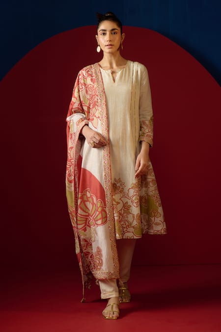 Saundh Ivory Kurta Pure Silk And Cotton Chanderi Printed Arata Panelled Pant Set 