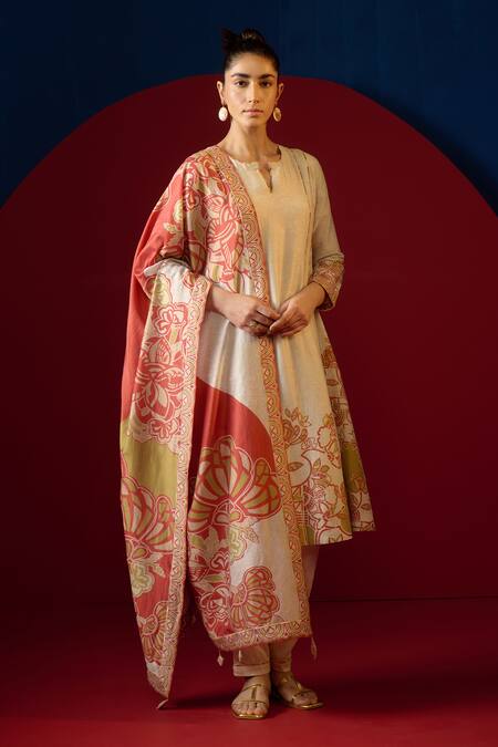 Saundh_Ivory Kurta Pure Silk And Cotton Chanderi Printed Arata Panelled Pant Set_Online_at_Aza_Fashions