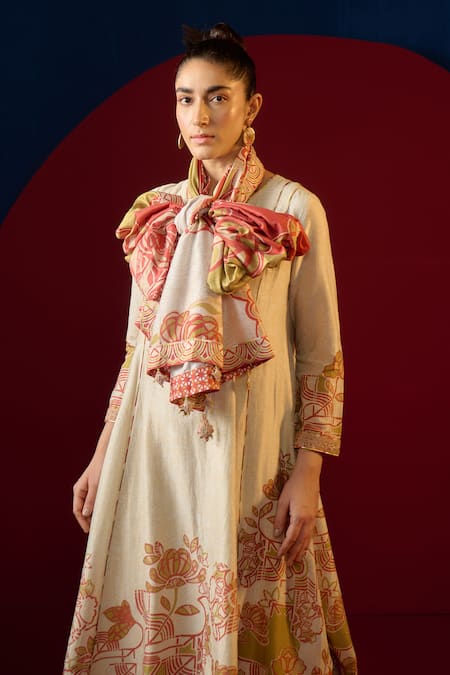 Buy_Saundh_Ivory Kurta Pure Silk And Cotton Chanderi Printed Arata Panelled Pant Set_Online_at_Aza_Fashions