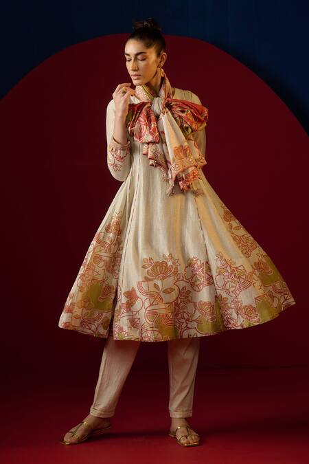 Shop_Saundh_Ivory Kurta Pure Silk And Cotton Chanderi Printed Arata Panelled Pant Set_Online_at_Aza_Fashions