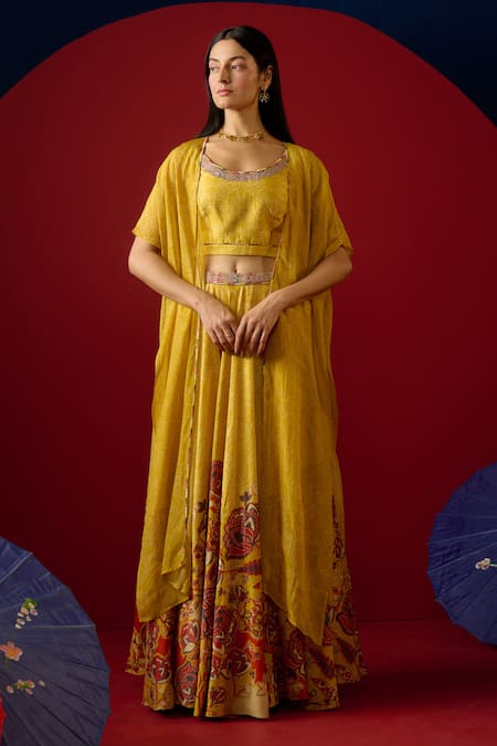 Saundh Yellow Lehenga And Blouse Pure Silk & Cotton Printed Floral Round Nilofer Set 