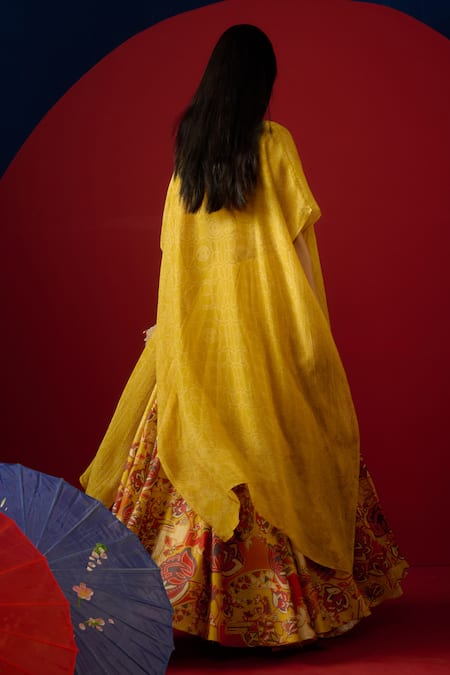 Shop Saundh Yellow Lehenga And Blouse Pure Silk & Cotton Printed Floral Round Nilofer Set at Aza Fashions Shop_Saundh_Yellow Lehenga And Blouse Pure Silk & Cotton Printed Floral Round Nilofer Set _at_Aza_Fashions