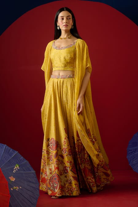Saundh Yellow Lehenga And Blouse Pure Silk & Cotton Printed Floral Round Nilofer Set Online at Aza Fashions Saundh_Yellow Lehenga And Blouse Pure Silk & Cotton Printed Floral Round Nilofer Set _Online_at_Aza_Fashions