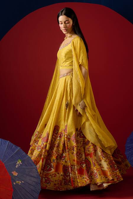 Buy Saundh Yellow Lehenga And Blouse Pure Silk & Cotton Printed Floral Round Nilofer Set Online at Aza Fashions Buy_Saundh_Yellow Lehenga And Blouse Pure Silk & Cotton Printed Floral Round Nilofer Set _Online_at_Aza_Fashions
