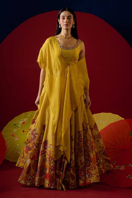 Saundh Yellow Lehenga And Blouse Pure Silk & Cotton Printed Floral Round Nilofer Set at Aza Fashions Saundh_Yellow Lehenga And Blouse Pure Silk & Cotton Printed Floral Round Nilofer Set _at_Aza_Fashions