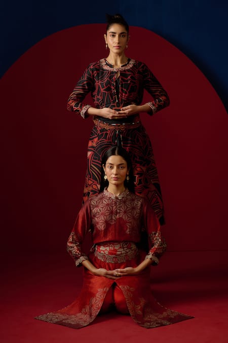 Shop_Saundh_Red Kurta Pure Silk And Cotton Printed Floral Mandarin Rei Panelled Pant Set_Online_at_Aza_Fashions