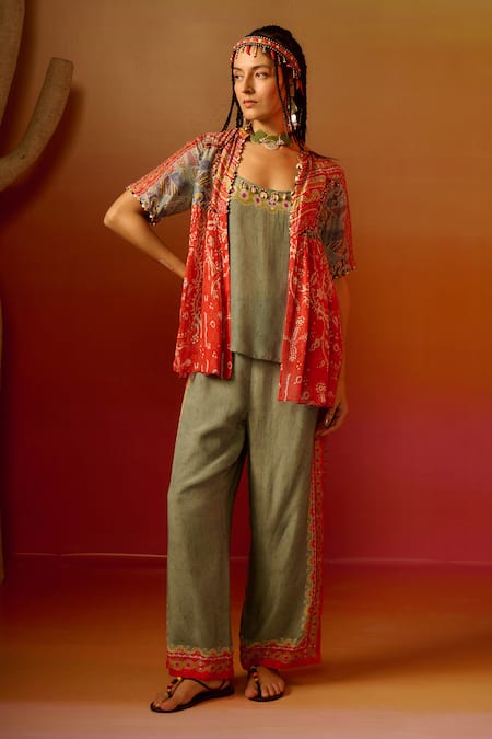 Saundh Zuri Printed Embroidered Cape Pant Set 