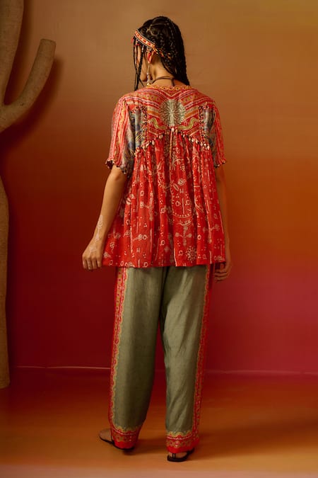 Shop Saundh Orange Viscose Tassels Zuri Printed Embroidered Cape Pant Set at Aza Fashions Shop_Saundh_Orange Viscose Tassels Zuri Printed Embroidered Cape Pant Set _at_Aza_Fashions
