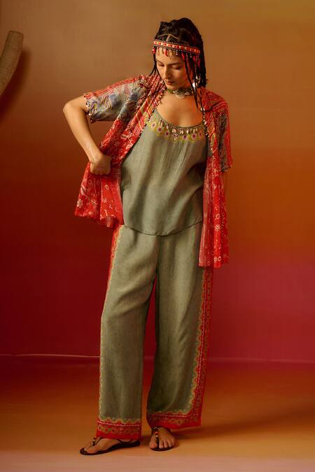 Saundh Orange Viscose Tassels Zuri Printed Embroidered Cape Pant Set Online at Aza Fashions Saundh_Orange Viscose Tassels Zuri Printed Embroidered Cape Pant Set _Online_at_Aza_Fashions