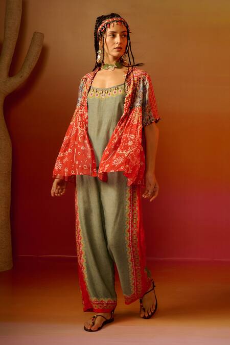 Buy Saundh Orange Viscose Tassels Zuri Printed Embroidered Cape Pant Set Online at Aza Fashions Buy_Saundh_Orange Viscose Tassels Zuri Printed Embroidered Cape Pant Set _Online_at_Aza_Fashions