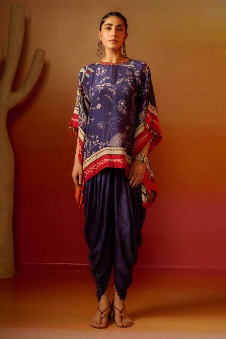 Saundh_Purple Viscose Tassels Round Neck Mia Printed Kaftan And Dhoti Pant Set _Online_at_Aza_Fashions