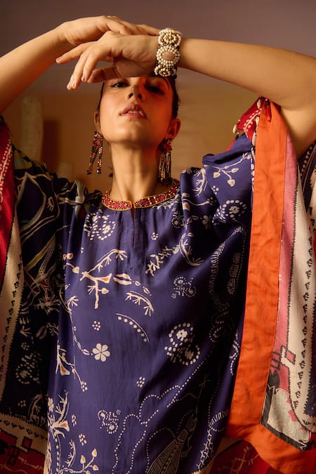 Shop_Saundh_Purple Viscose Tassels Round Neck Mia Printed Kaftan And Dhoti Pant Set _Online_at_Aza_Fashions