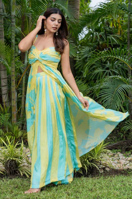 Saangi_Yellow Chiffon Sweetheart Neck Abstract Print Top With Palazzo _Online_at_Aza_Fashions