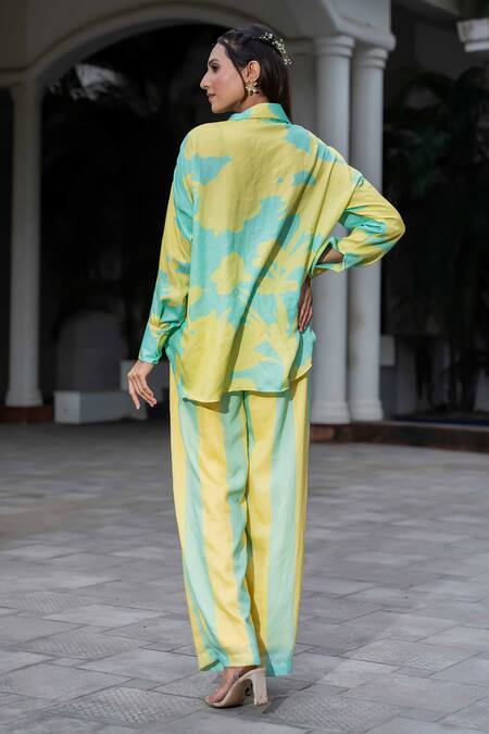 Shop Saangi Yellow Crepe Collared Abstract Print Shirt With Pant at Aza Fashions Shop_Saangi_Yellow Crepe Collared Abstract Print Shirt With Pant_at_Aza_Fashions