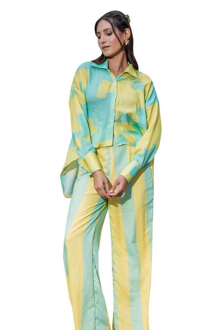 Shop Saangi Yellow Crepe Collared Abstract Print Shirt With Pant Online at Aza Fashions Shop_Saangi_Yellow Crepe Collared Abstract Print Shirt With Pant_Online_at_Aza_Fashions