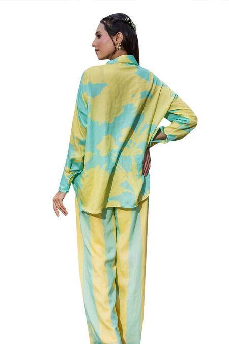 Buy Saangi Yellow Crepe Collared Abstract Print Shirt With Pant Buy_Saangi_Yellow Crepe Collared Abstract Print Shirt With Pant