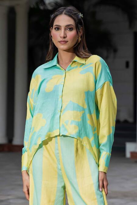 Shop Saangi Yellow Crepe Collared Abstract Print Shirt With Pant Shop_Saangi_Yellow Crepe Collared Abstract Print Shirt With Pant