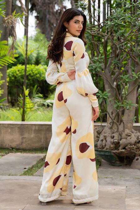 Shop Saangi Yellow Satin Collared Abstract Floral Print Jumpsuit at Aza Fashions Shop_Saangi_Yellow Satin Collared Abstract Floral Print Jumpsuit_at_Aza_Fashions