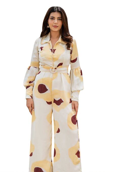 Buy Saangi Yellow Satin Collared Abstract Floral Print Jumpsuit Online at Aza Fashions Buy_Saangi_Yellow Satin Collared Abstract Floral Print Jumpsuit_Online_at_Aza_Fashions