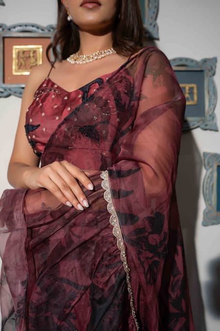 Buy_Saangi_Brown Organza Stones V-neck Leaf Print Pre-draped Saree Set 
