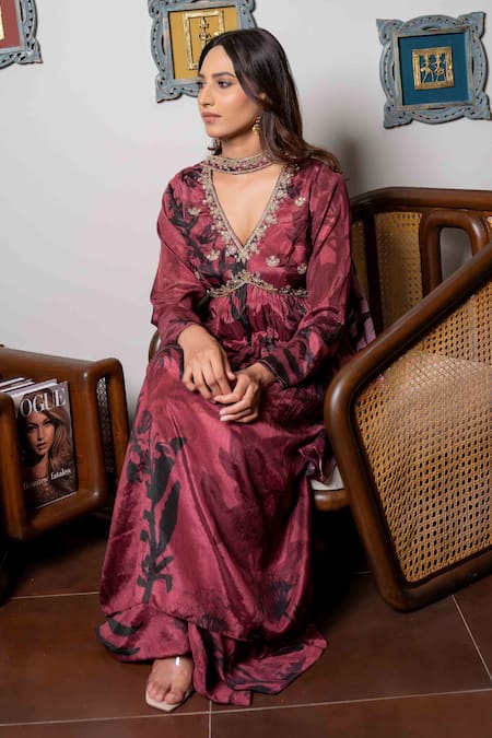 Shop_Saangi_Brown Chiffon Embroidery V-neck Leaf Print Kurta Palazzo Set _Online_at_Aza_Fashions